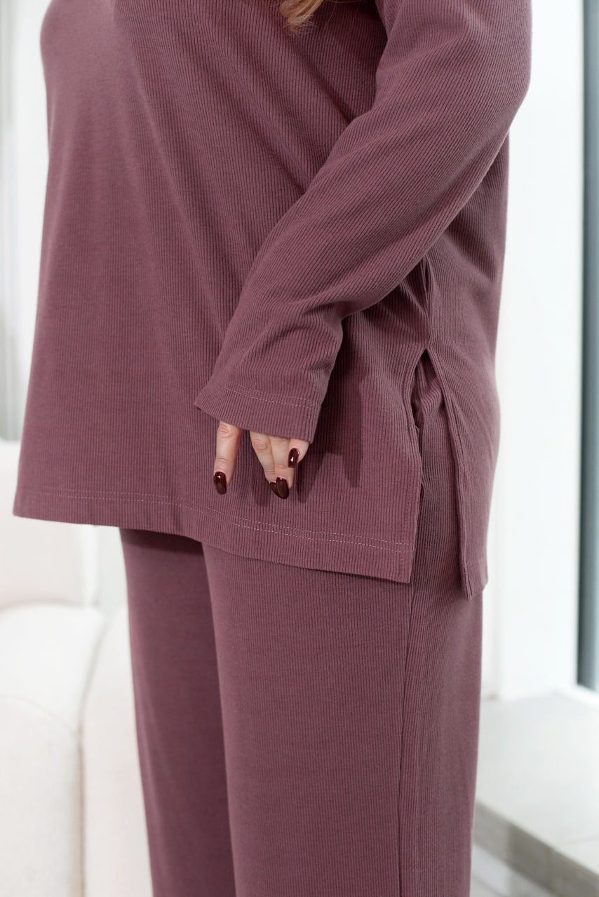 Angora Rib Hoodie and Palazzo Pants Suit with Oversize Cut and Elastic Waist