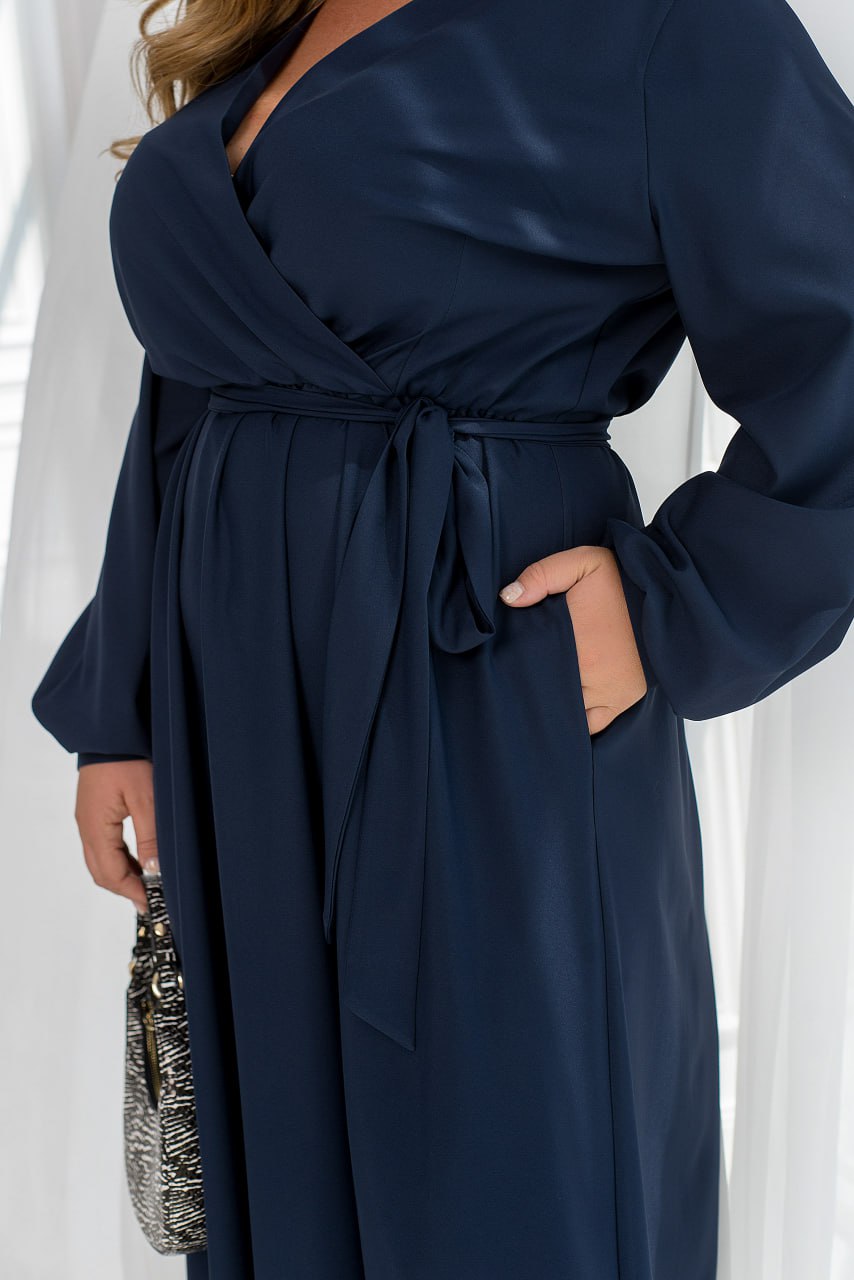Casual Long Sleeve Wrap Maxi Dress with Belt and Pockets Lightweight Suit Fabric Plus Size
