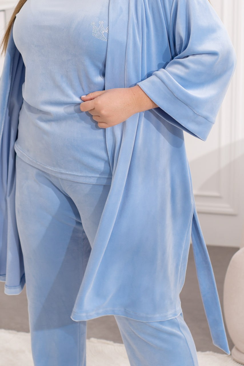 Комплект домашнього одягу з трьох предметів, халат, футболка, штани, велюр, принт зі стразами, великий розмір