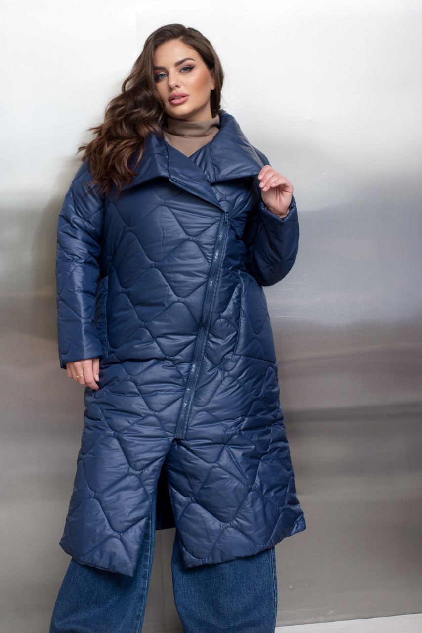 Quilted Long Coat with Side Zipper, High Collar and Patch Pockets