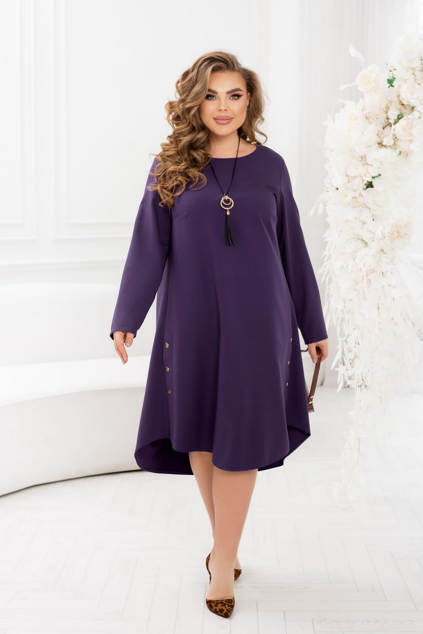 A-Line Dress Long Sleeve High-Low Hem Decorative Buttons Costume Fabric