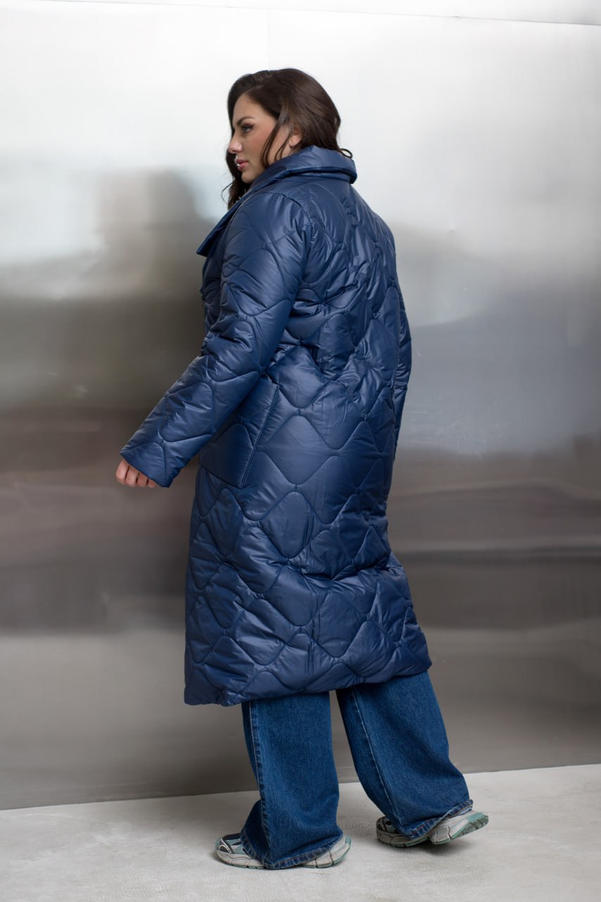 Quilted Long Coat with Side Zipper, High Collar and Patch Pockets