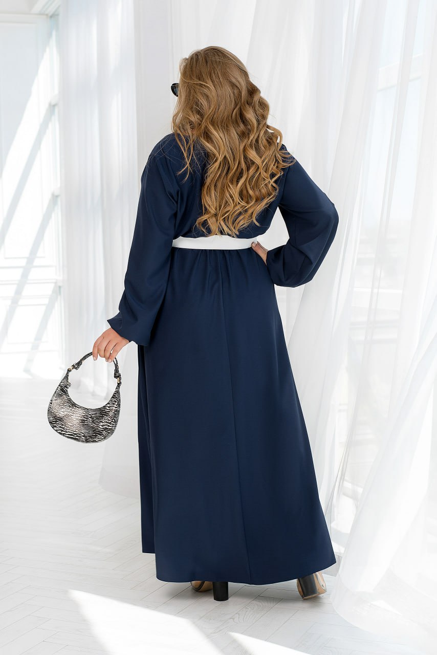 Casual Long Sleeve Wrap Maxi Dress with Belt and Pockets Lightweight Suit Fabric Plus Size