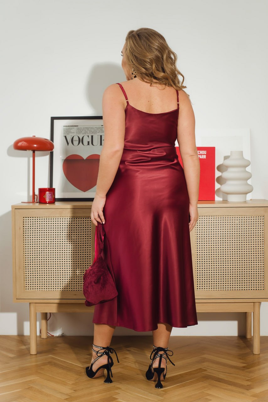 Classic Slip Midi Dress Structured Satin Adjustable Straps Plus Size