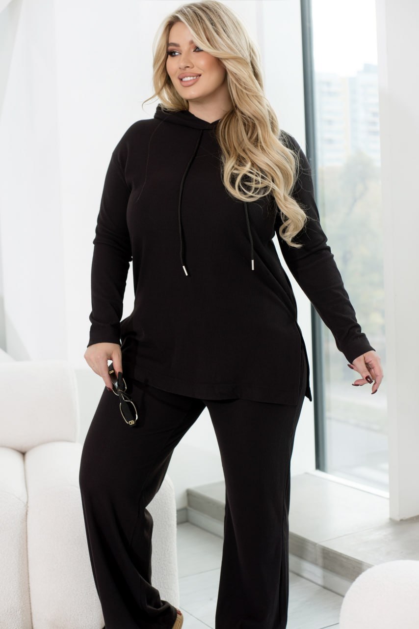 Angora Rib Hoodie and Palazzo Pants Suit with Oversize Cut and Elastic Waist