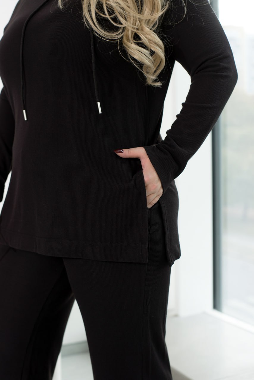 Angora Rib Hoodie and Palazzo Pants Suit with Oversize Cut and Elastic Waist