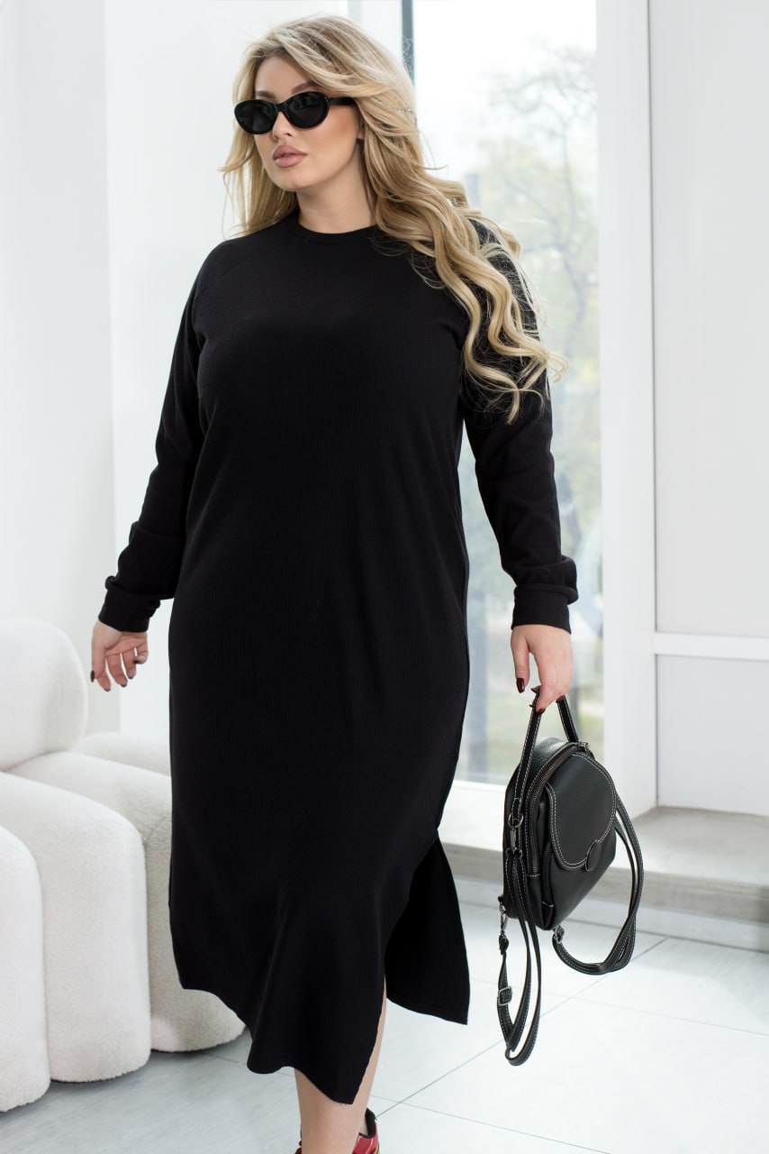 Brushed Angora Rib Midi Dress with Side Slit, Asymmetrical Hem and Included Belt