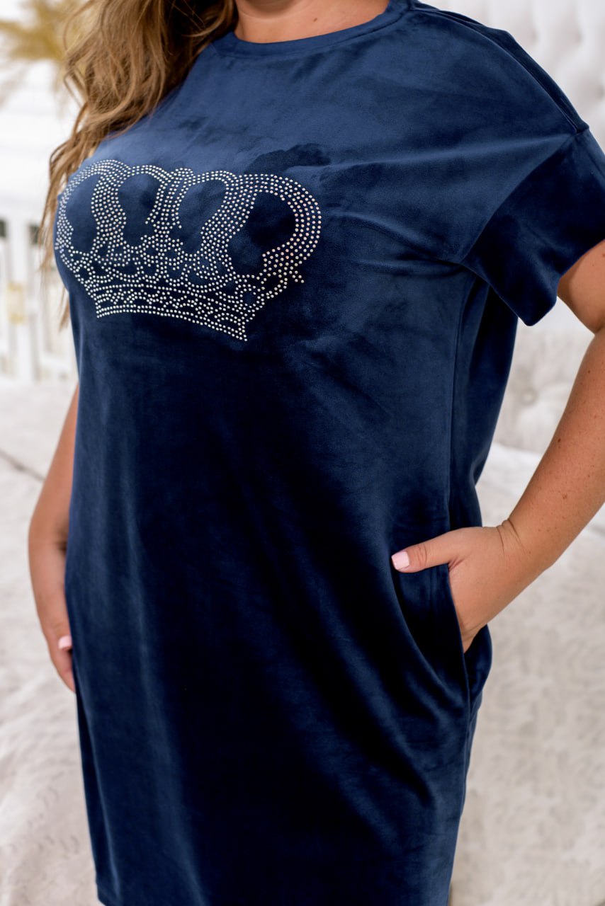 Home Dress Relaxed Fit Velour Rhinestone Print with Pockets Plus Size