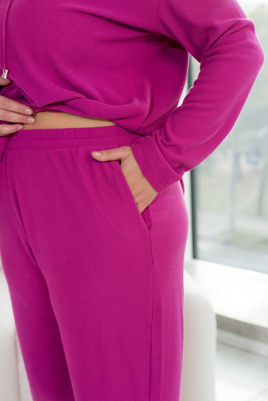 Angora Rib Hoodie and Palazzo Pants Suit with Oversize Cut and Elastic Waist