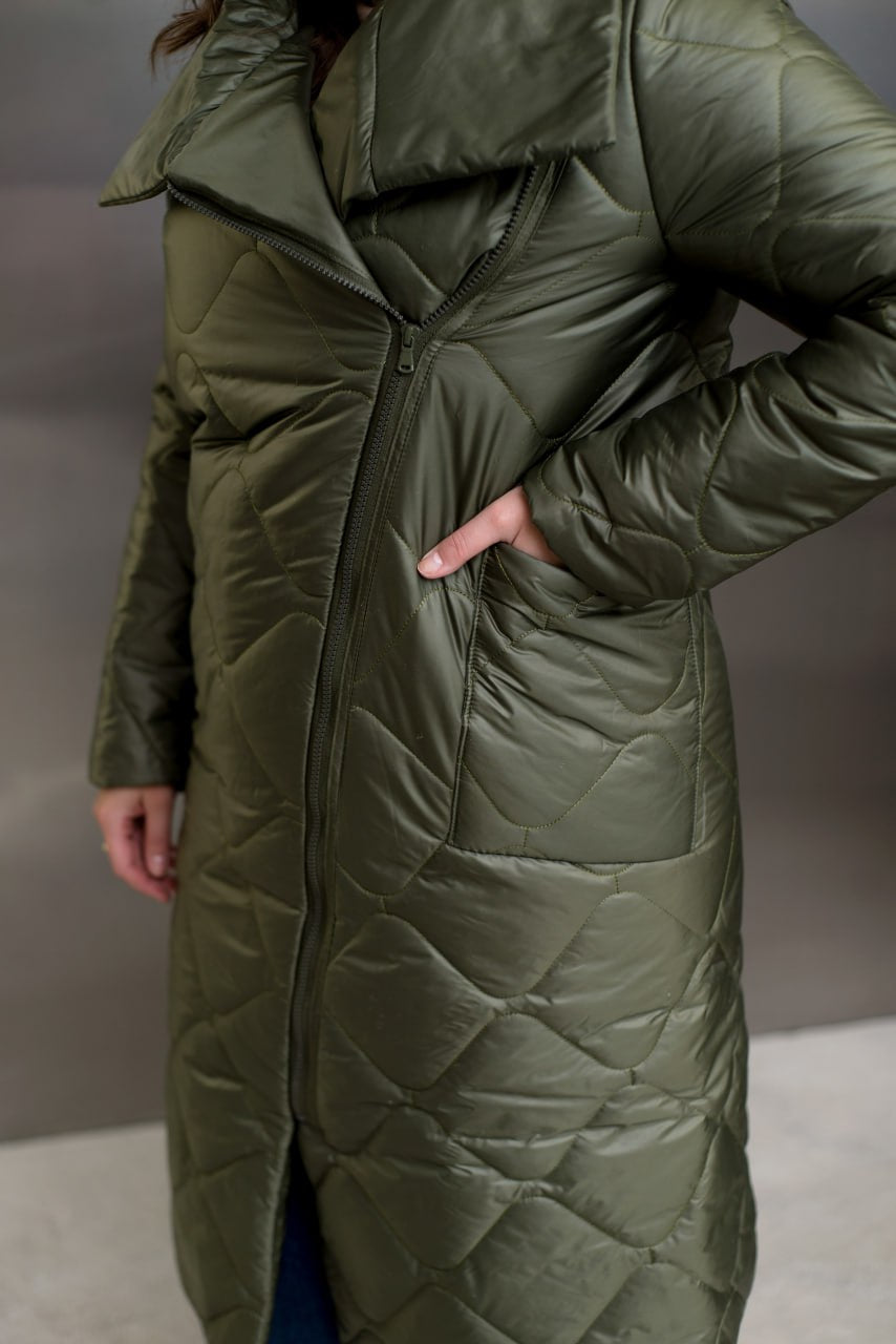 Quilted Long Coat with Side Zipper, High Collar and Patch Pockets