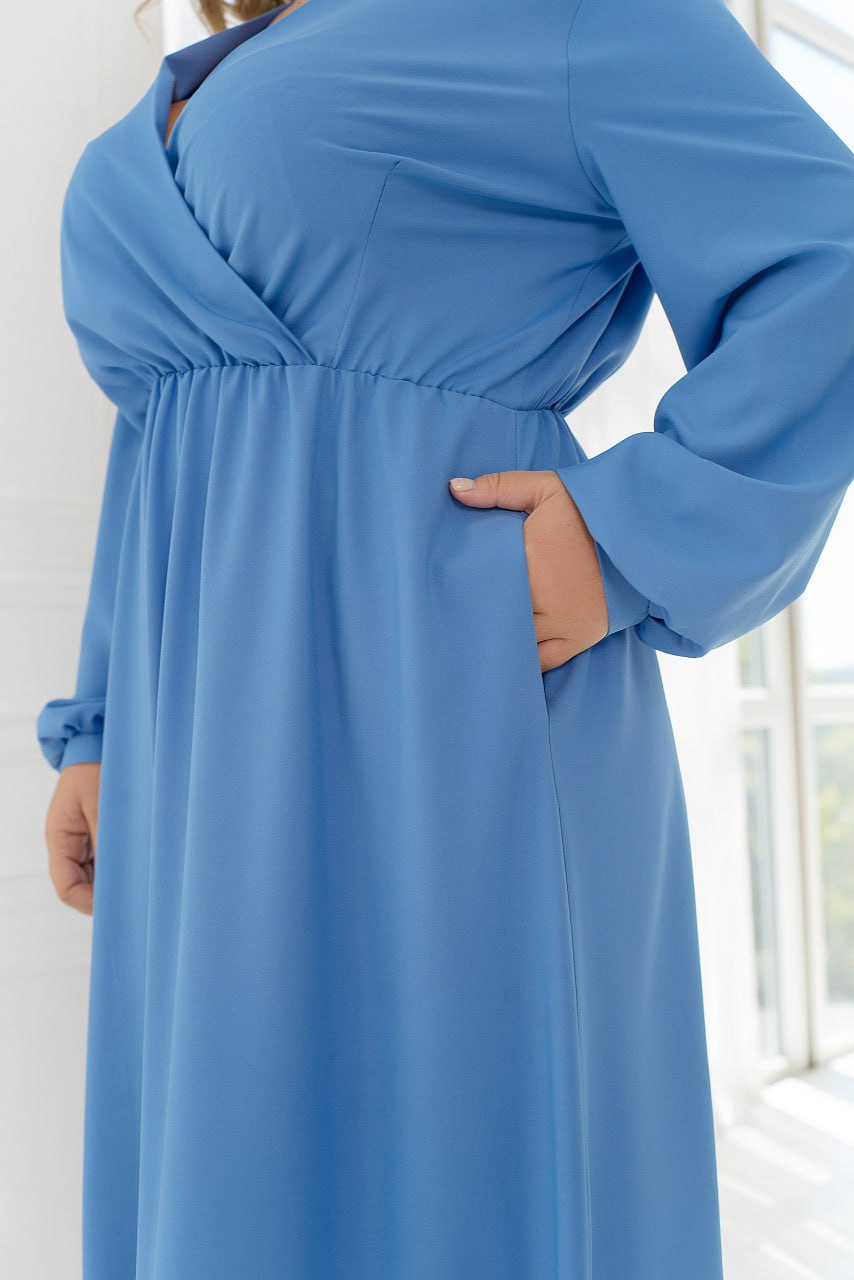 Casual Long Sleeve Wrap Maxi Dress with Belt and Pockets Lightweight Suit Fabric Plus Size