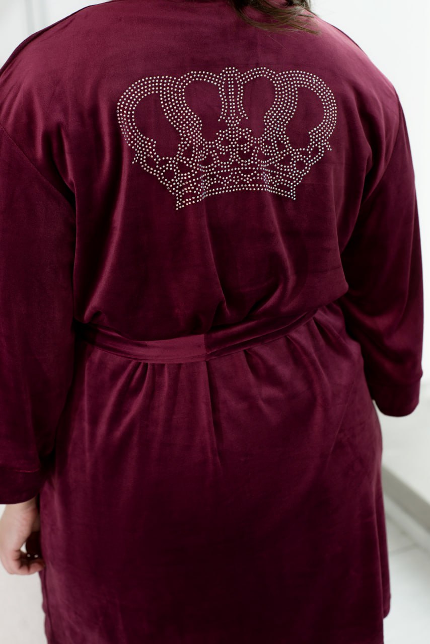 Trzyczęściowy komplet domowy, szlafrok, koszulka, spodnie, welur, nadruk ze strasami, duży rozmiar