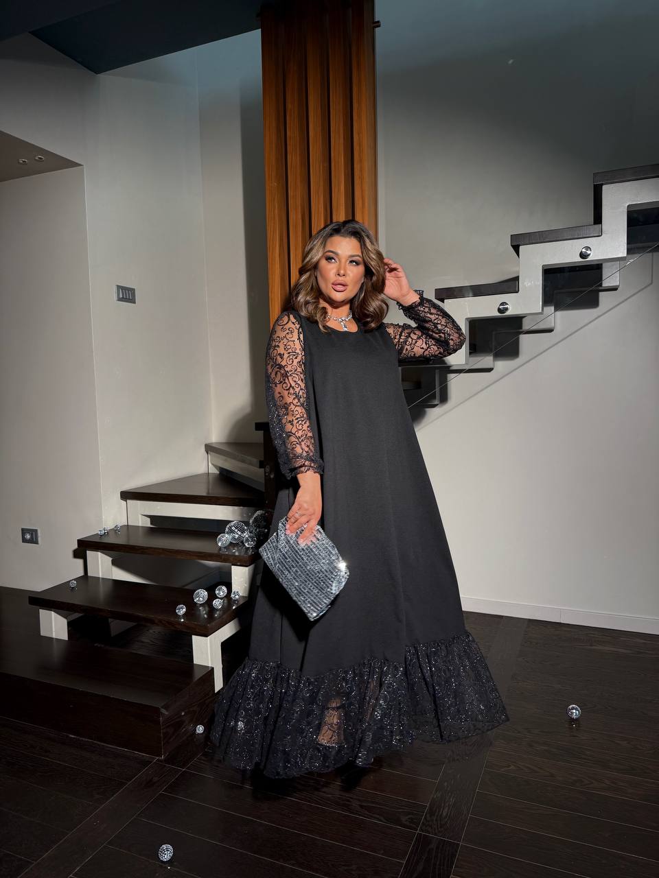 Evening Maxi A-Line Crepe-Diving Flock Mesh Sleeve Plus Size