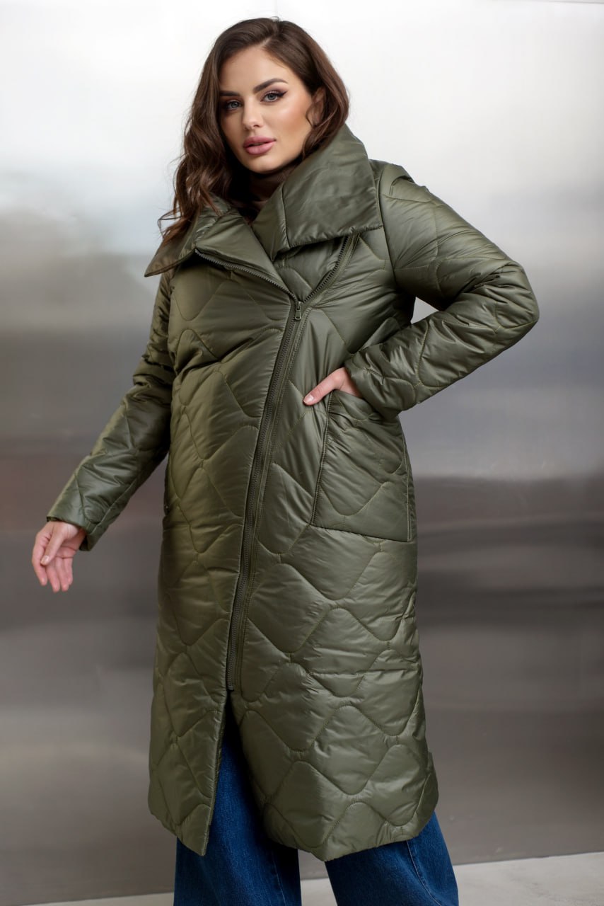 Quilted Long Coat with Side Zipper, High Collar and Patch Pockets