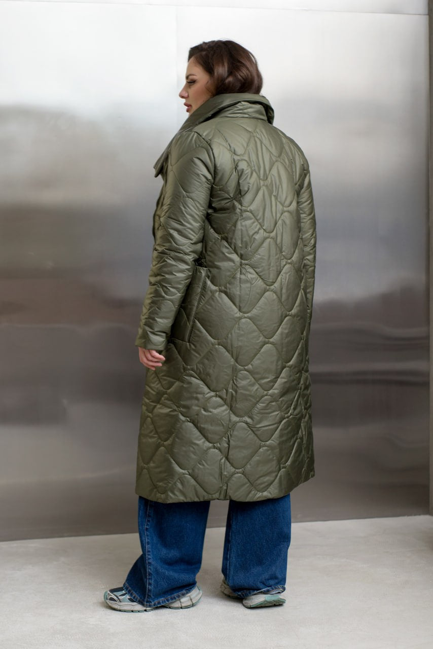 Quilted Long Coat with Side Zipper, High Collar and Patch Pockets