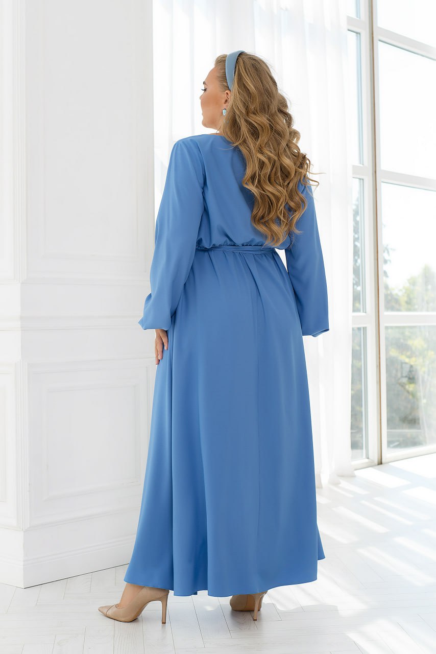 Casual Long Sleeve Wrap Maxi Dress with Belt and Pockets Lightweight Suit Fabric Plus Size