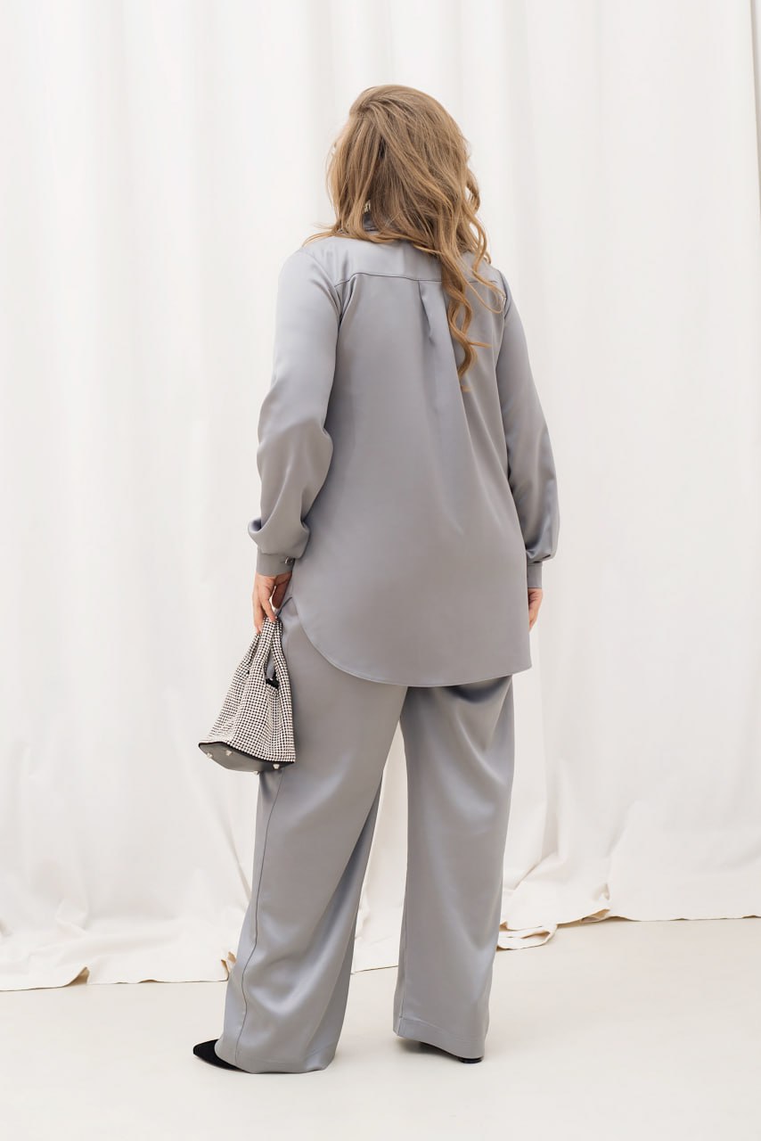 Шовковий брючний костюм, оверсайз, сорочка, широкі штани, еластична талія, великі розміри