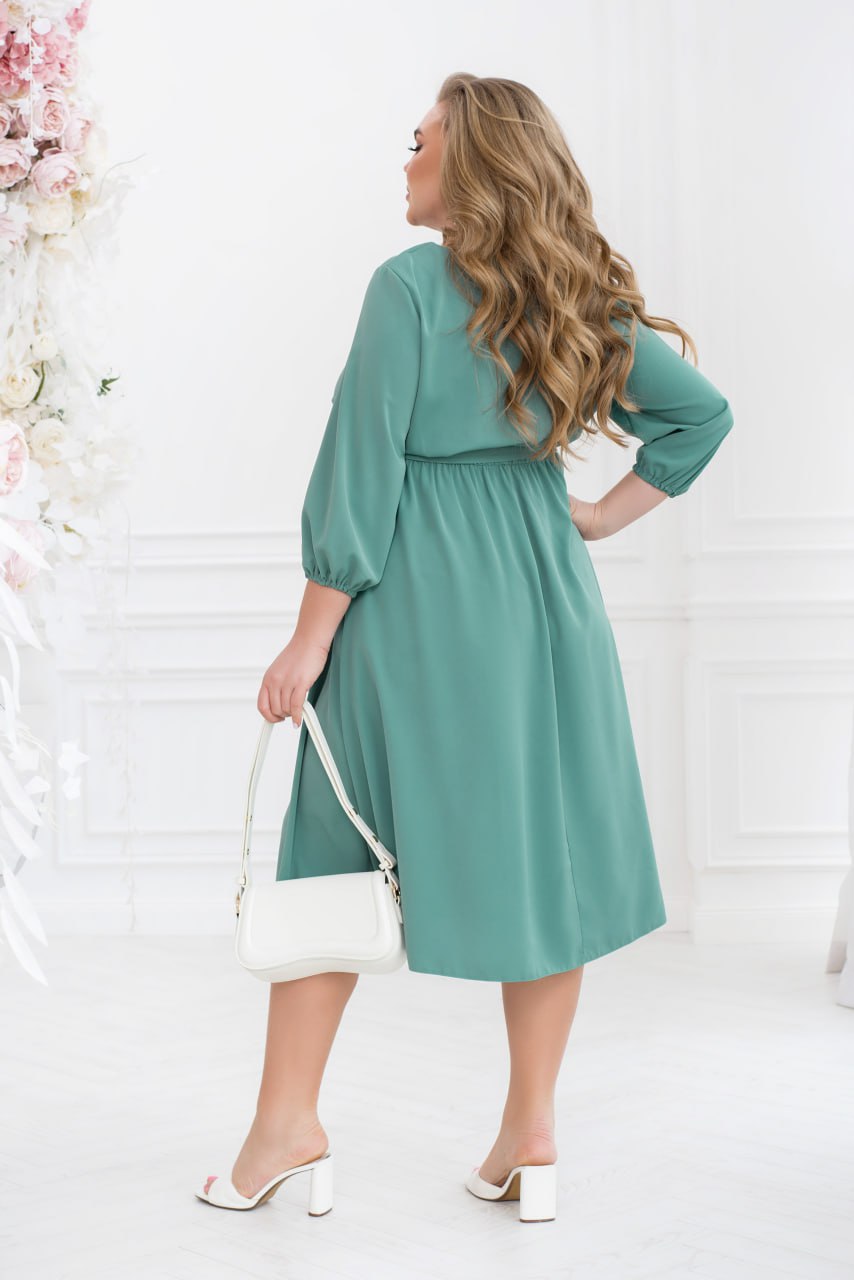 Sukienka midi typu shift z rękawem 3/4, elastycznym pasem, lekki garnitur w dużym rozmiarze