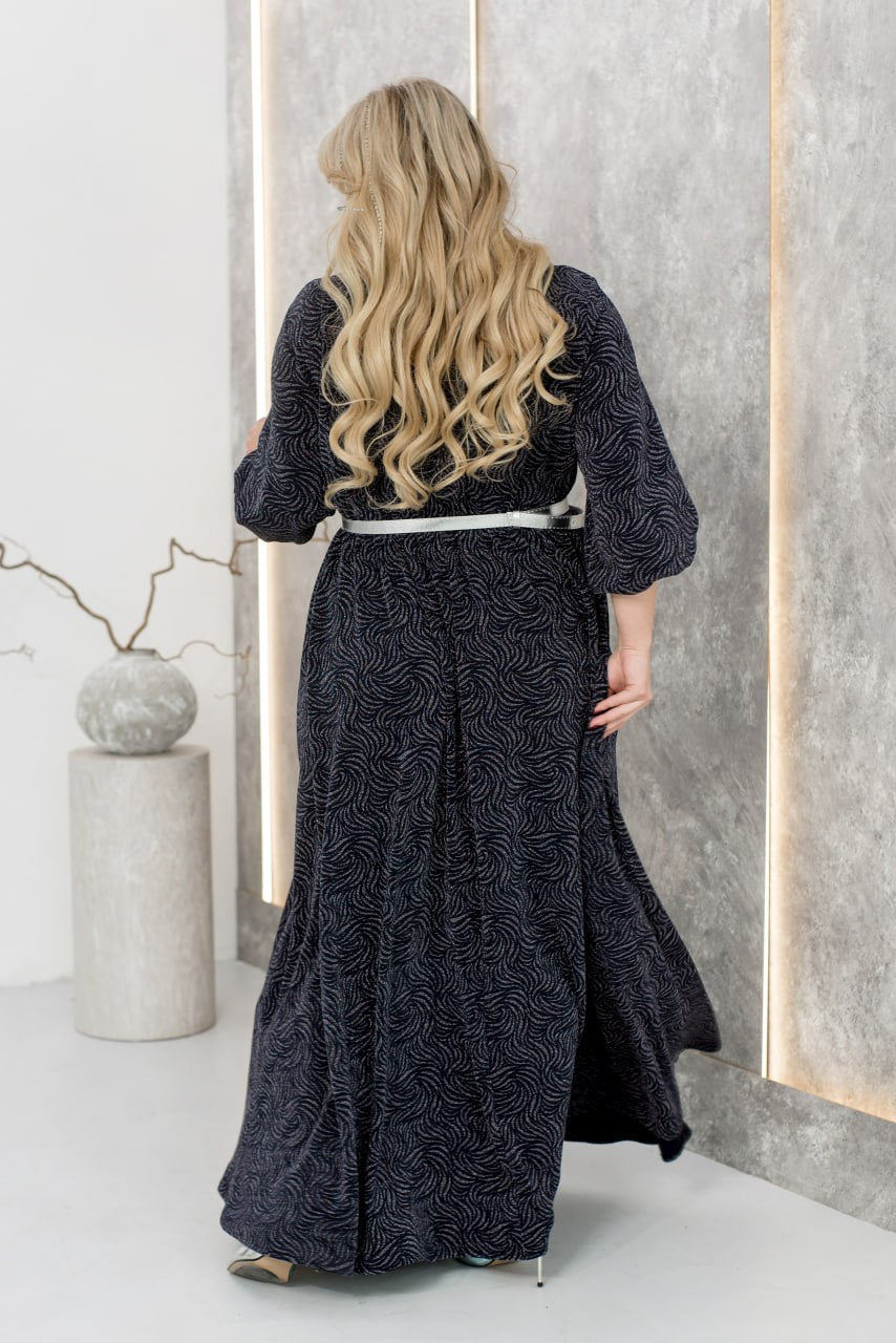 Evening Maxi Dress Belted Glitter Crepe Pleated Hem Plus Size