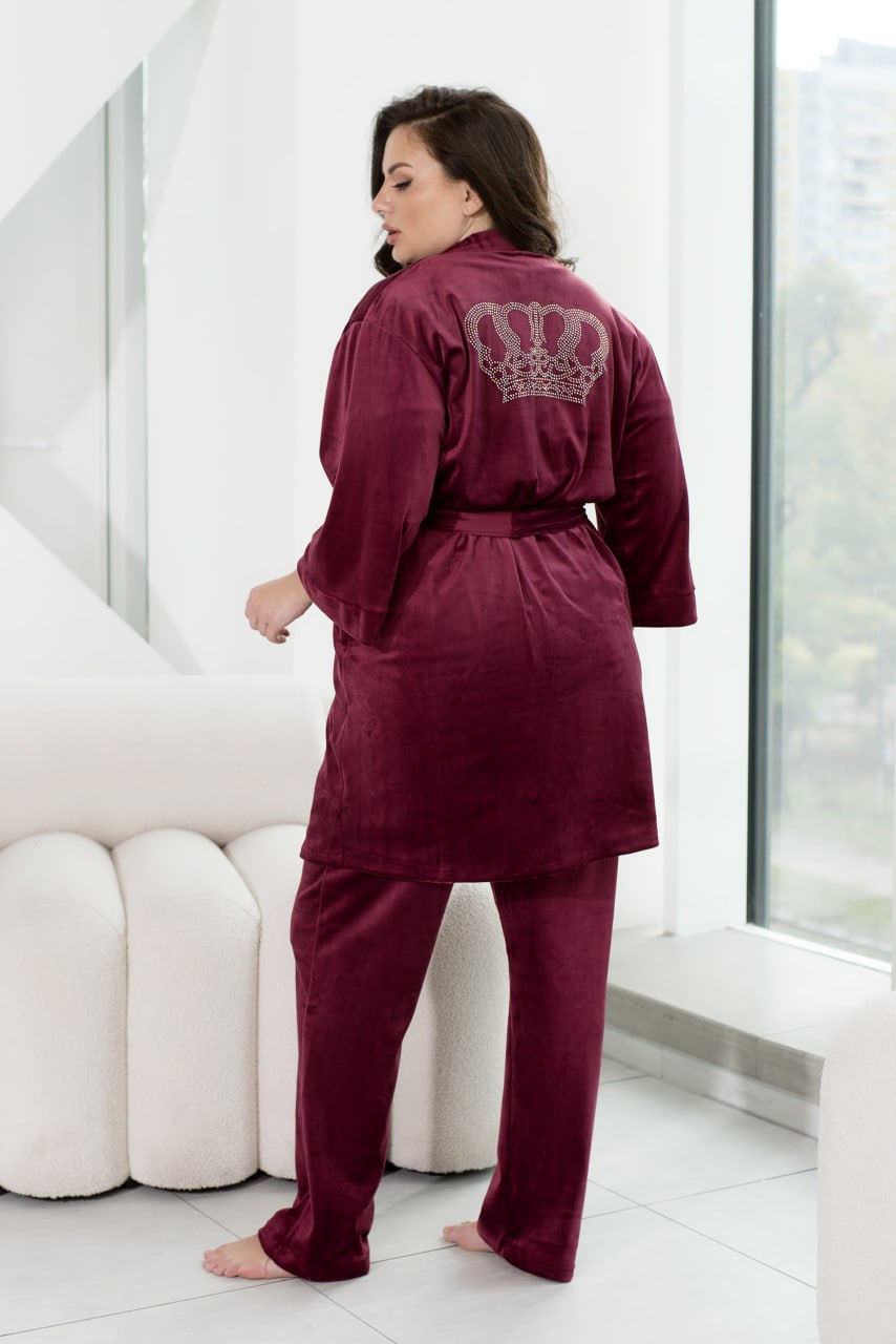 Комплект домашнього одягу з трьох предметів, халат, футболка, штани, велюр, принт зі стразами, великий розмір