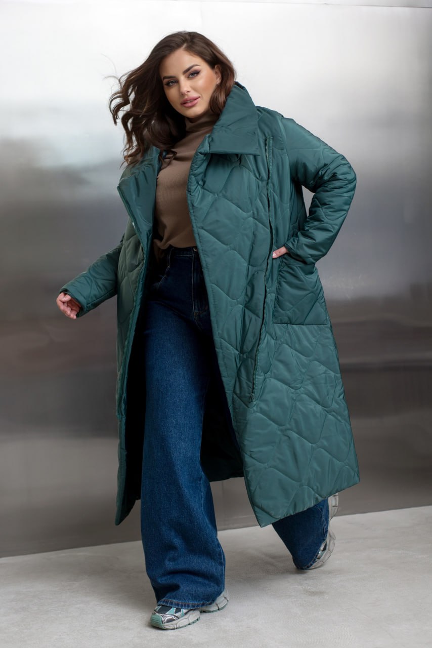 Quilted Long Coat with Side Zipper, High Collar and Patch Pockets