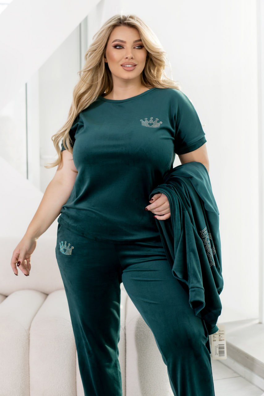 Комплект домашнього одягу з трьох предметів, халат, футболка, штани, велюр, принт зі стразами, великий розмір