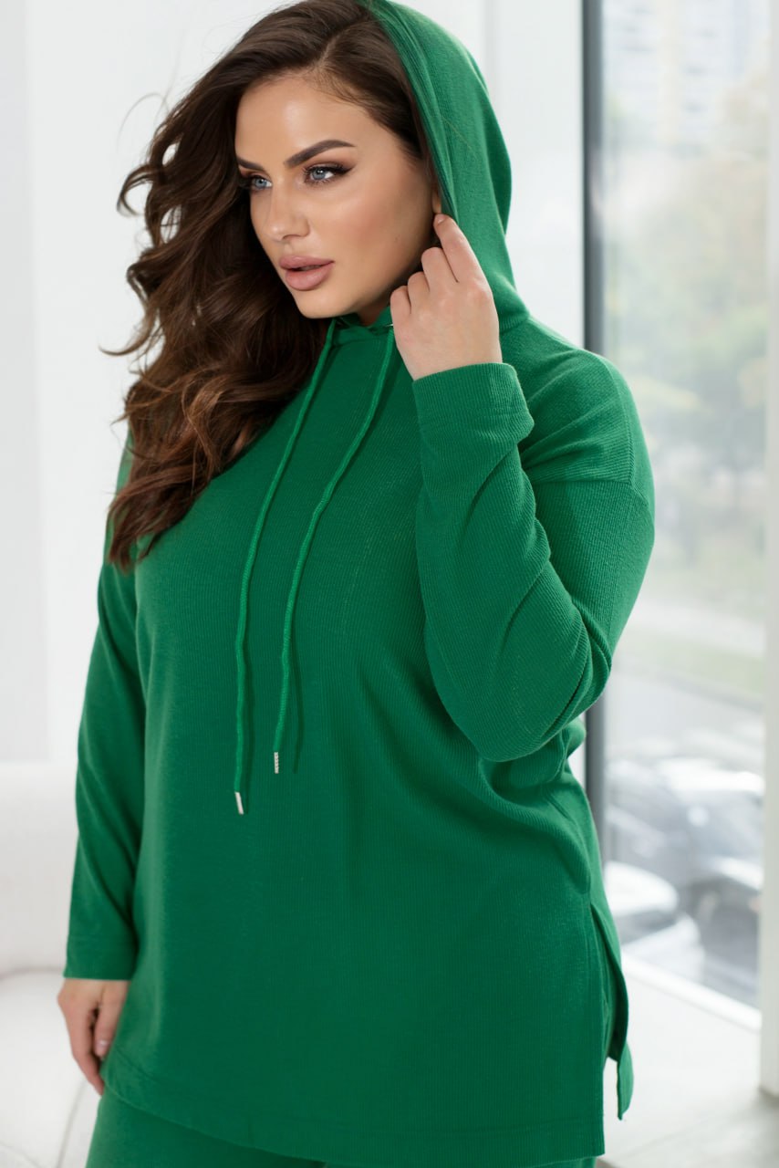 Angora Rib Hoodie and Palazzo Pants Suit with Oversize Cut and Elastic Waist