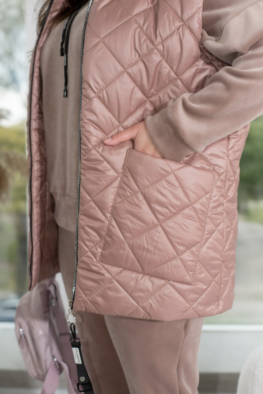 3-częściowy dres welurowy z kamizelką z kapturem, bluzą i spodniami z prostymi nogawkami