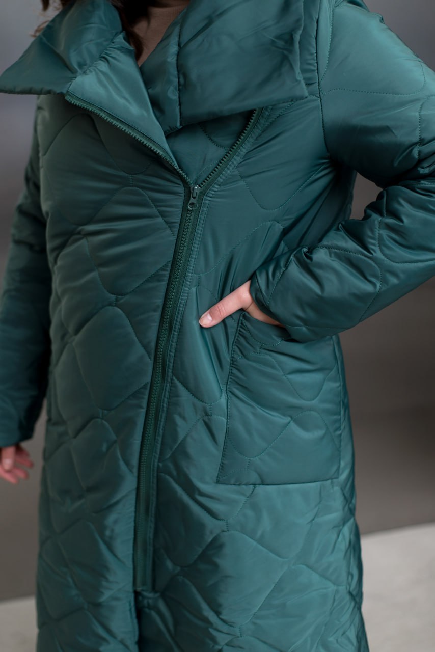 Quilted Long Coat with Side Zipper, High Collar and Patch Pockets