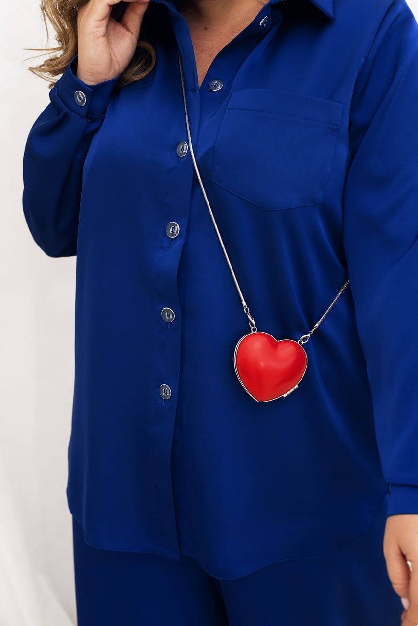 Шовковий брючний костюм, оверсайз, сорочка, широкі штани, еластична талія, великі розміри