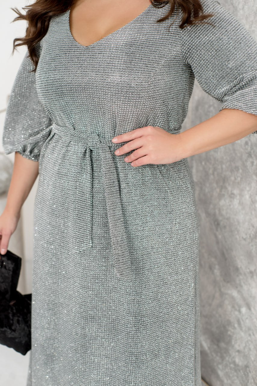 Women's Maxi Evening Dress Glitter Lurex Knit Three Quarter Sleeve V-Neck Plus Size