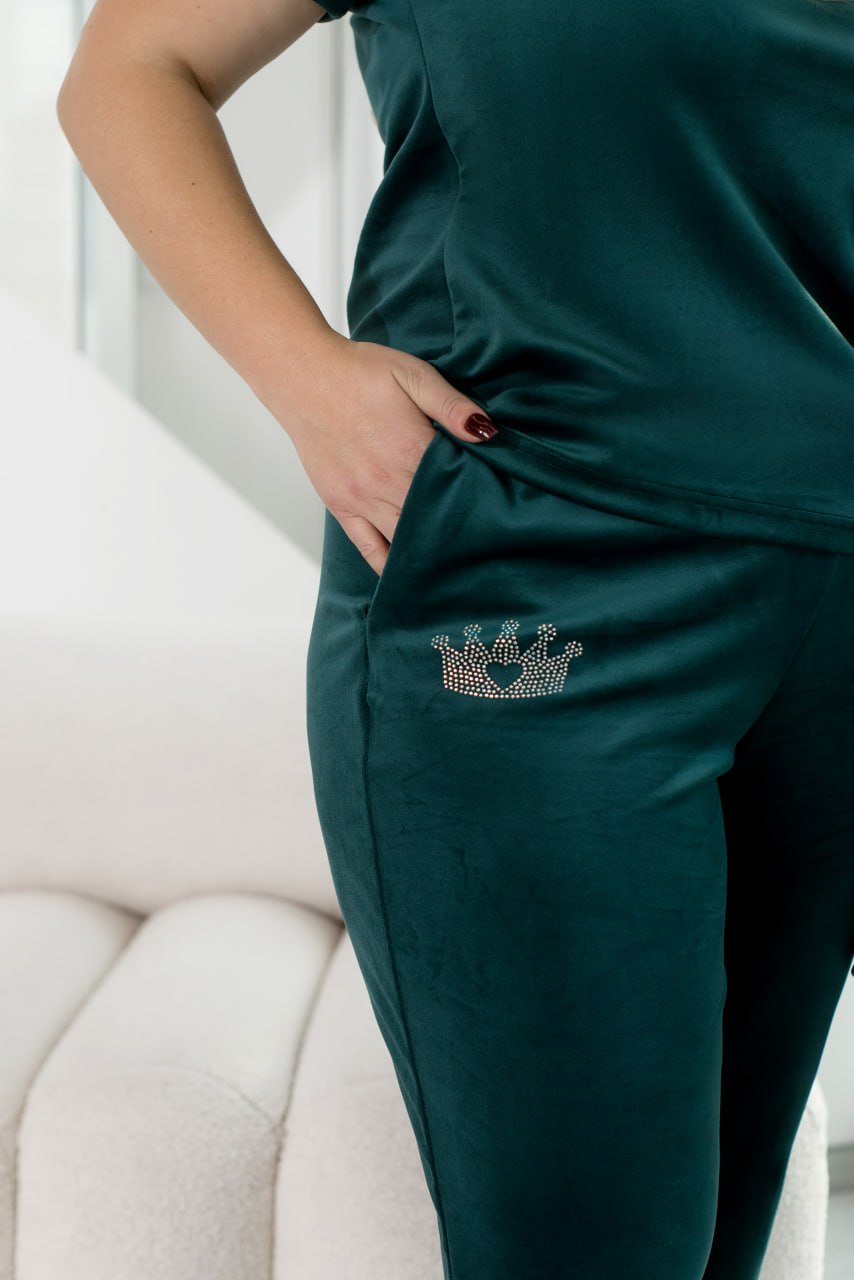 Комплект домашнього одягу з трьох предметів, халат, футболка, штани, велюр, принт зі стразами, великий розмір