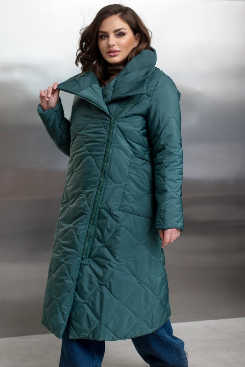 Quilted Long Coat with Side Zipper, High Collar and Patch Pockets