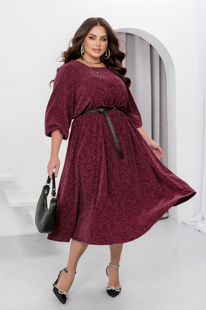 Midi Dress Glitter Crepe Belted Pleated Hem Plus Size