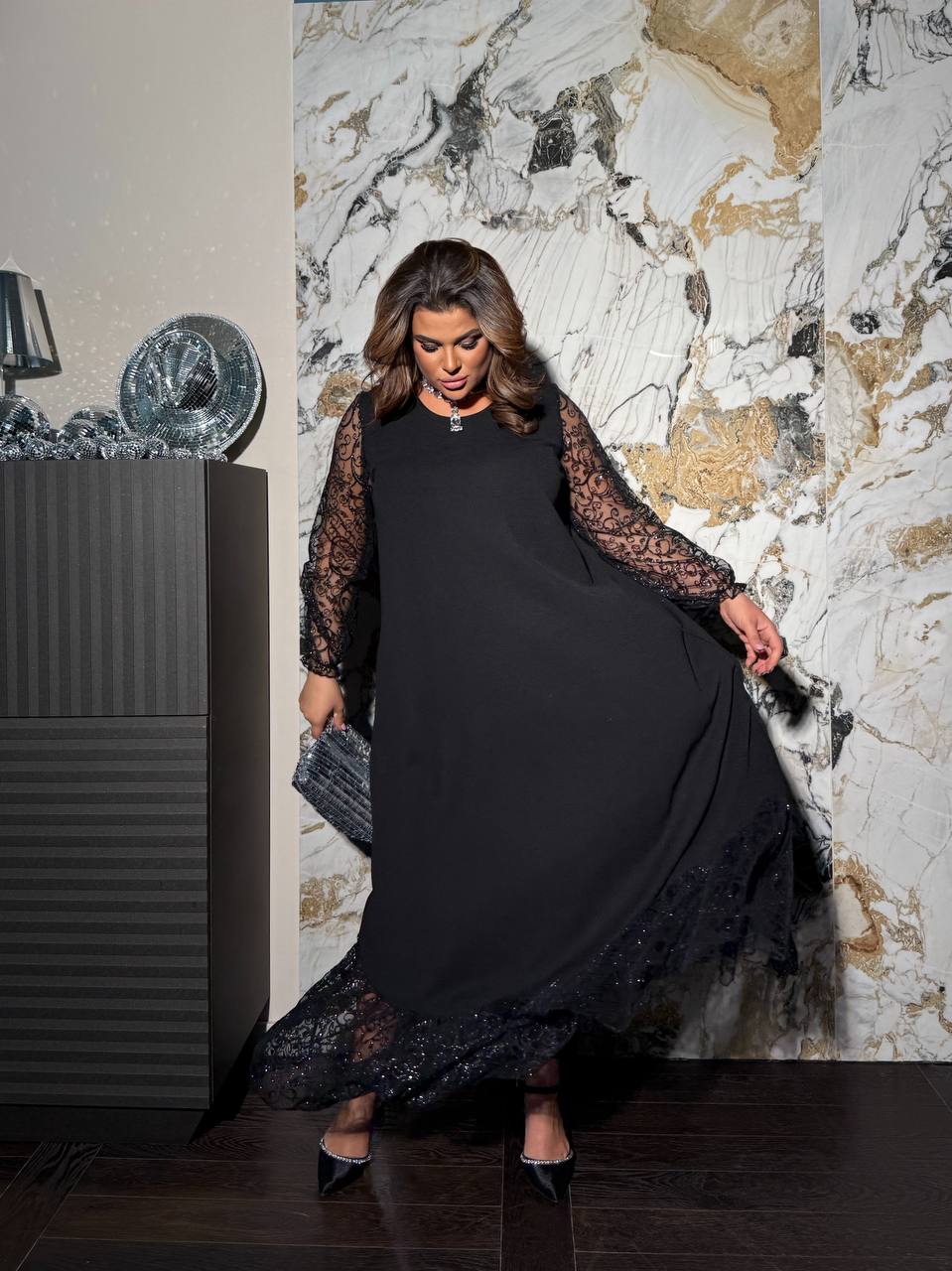 Evening Maxi A-Line Crepe-Diving Flock Mesh Sleeve Plus Size