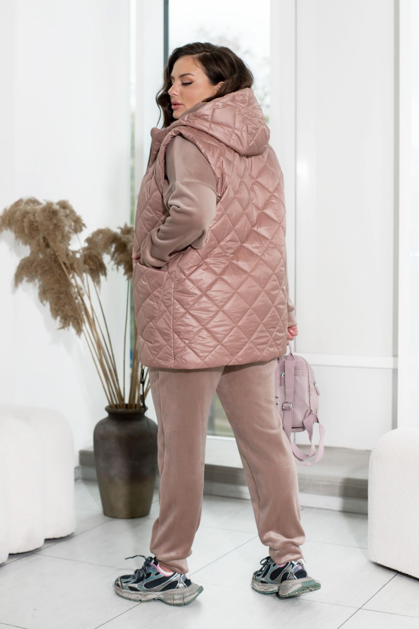 3-częściowy dres welurowy z kamizelką z kapturem, bluzą i spodniami z prostymi nogawkami