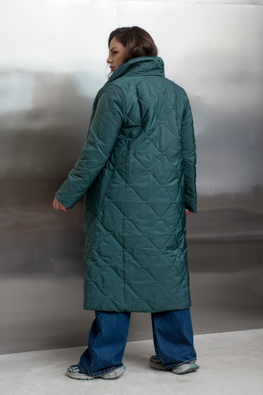 Quilted Long Coat with Side Zipper, High Collar and Patch Pockets