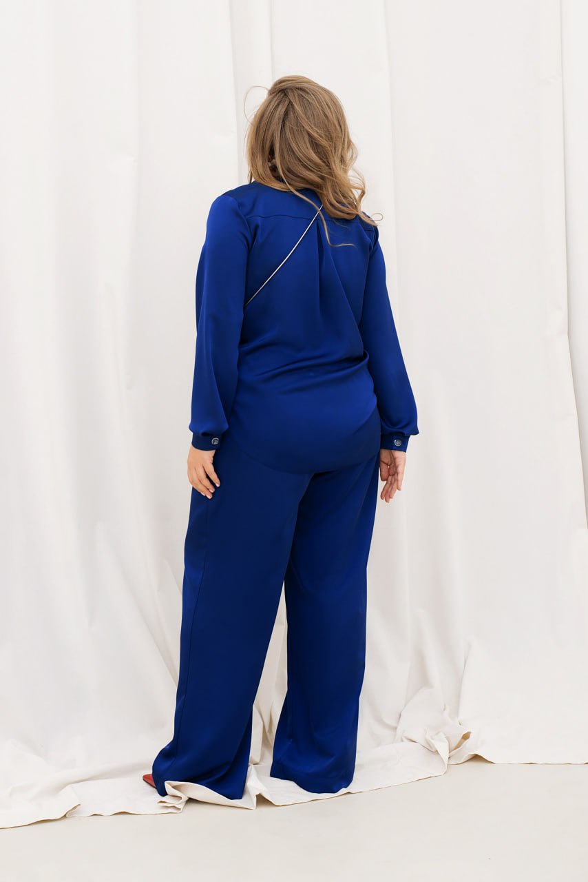 Шовковий брючний костюм, оверсайз, сорочка, широкі штани, еластична талія, великі розміри