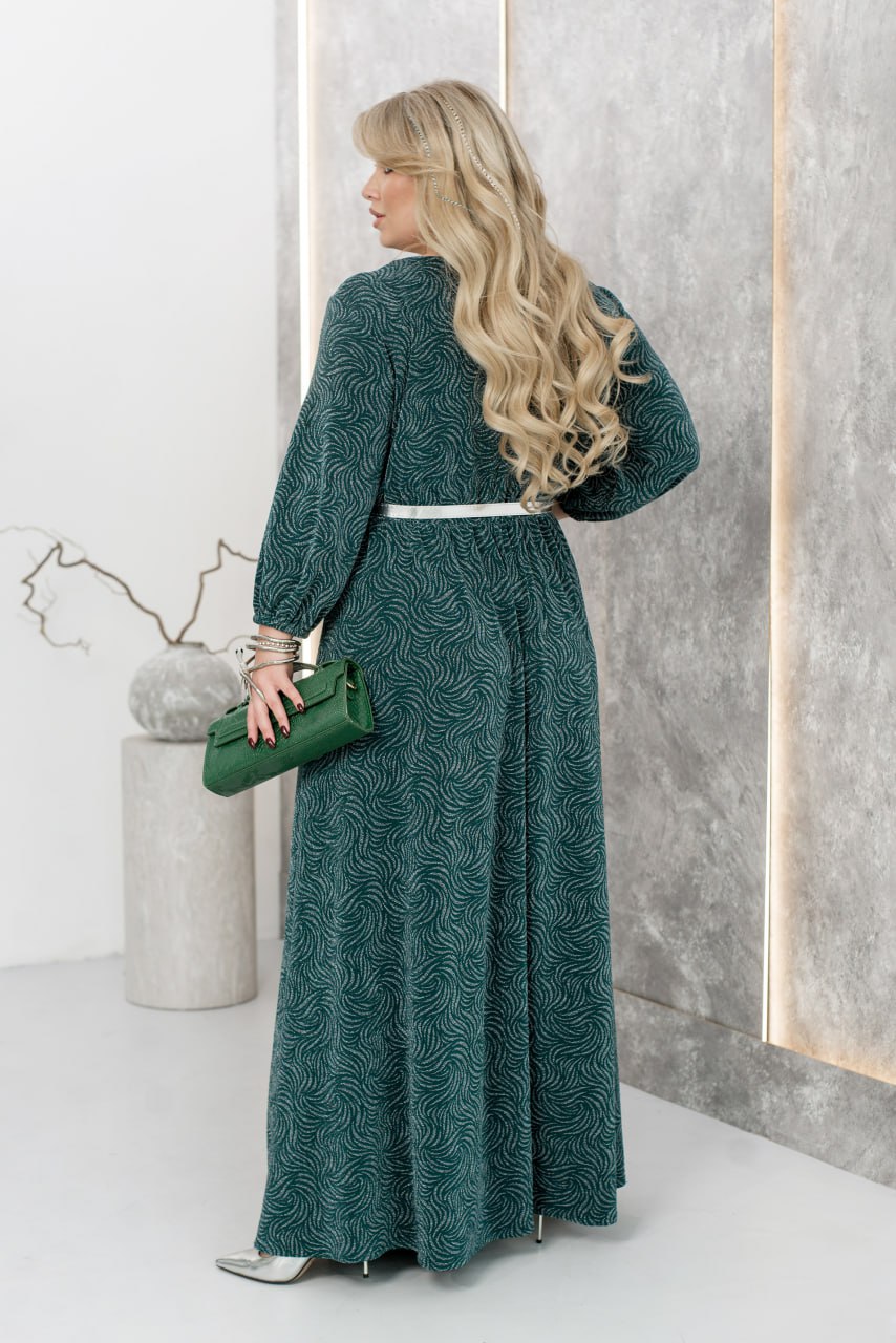 Evening Maxi Dress Belted Glitter Crepe Pleated Hem Plus Size