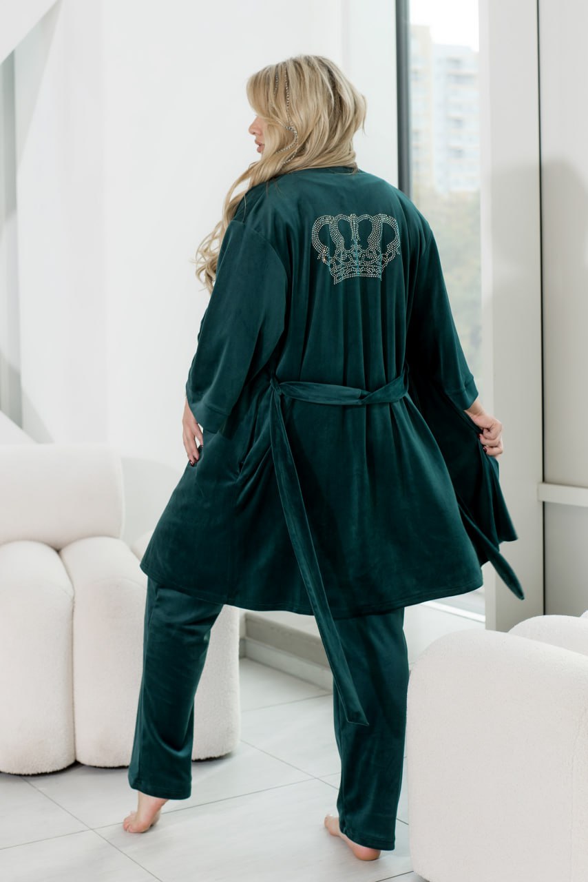 Комплект домашнього одягу з трьох предметів, халат, футболка, штани, велюр, принт зі стразами, великий розмір