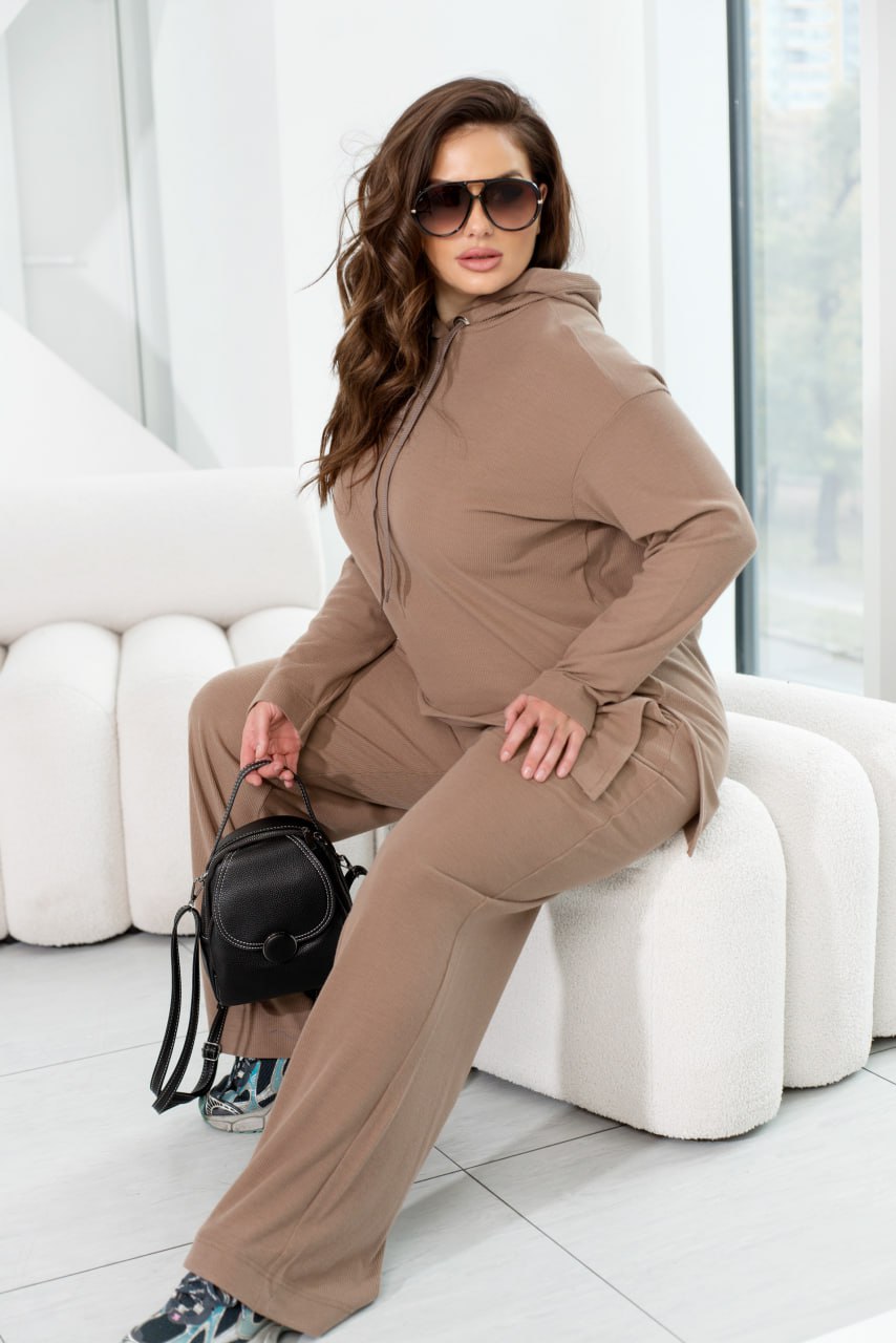 Angora Rib Hoodie and Palazzo Pants Suit with Oversize Cut and Elastic Waist