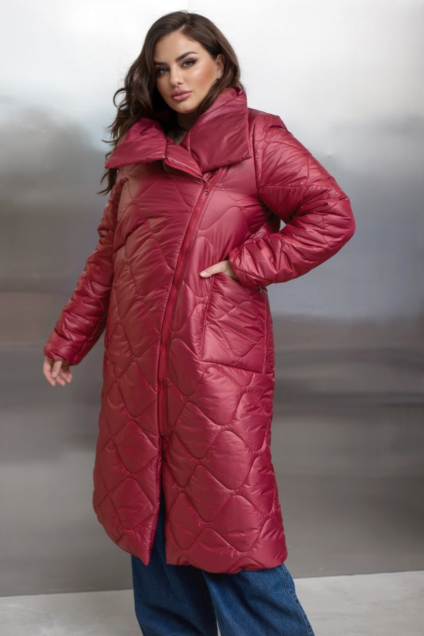 Quilted Long Coat with Side Zipper, High Collar and Patch Pockets