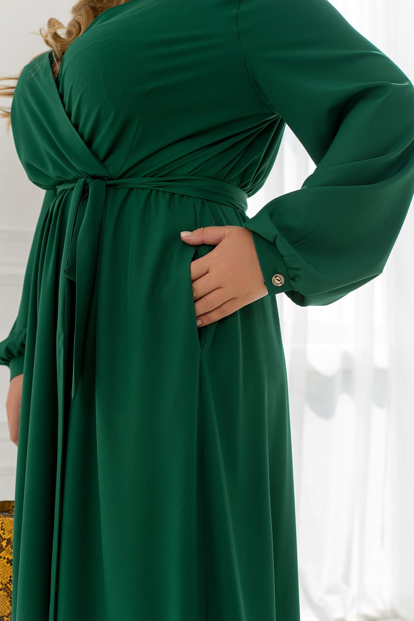Casual Long Sleeve Wrap Maxi Dress with Belt and Pockets Lightweight Suit Fabric Plus Size