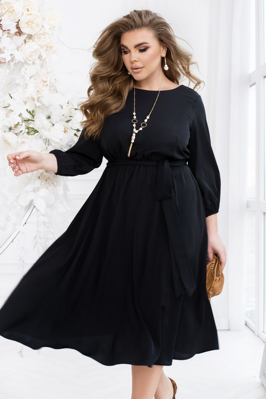 Midi Shift Dress Three Quarter Sleeve Elastic Waist Lightweight Suiting Plus Size