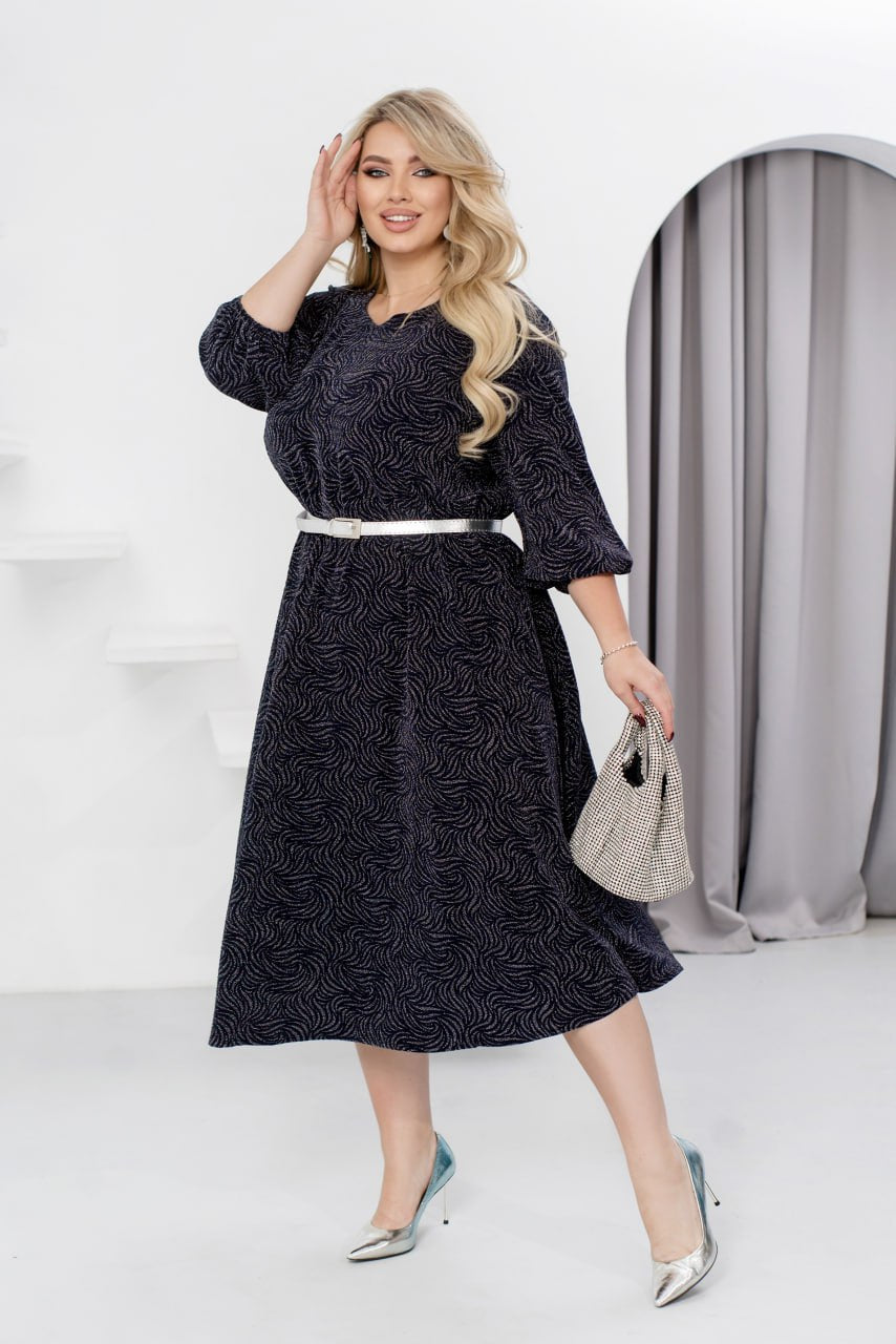 Midi Dress Glitter Crepe Belted Pleated Hem Plus Size