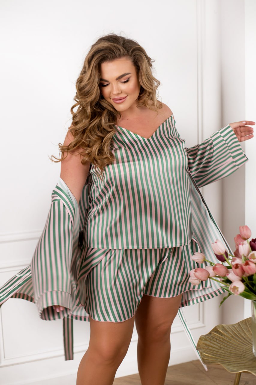 Three-Piece Homewear Set Robe Tank Top Shorts Armani Silk Plus Size