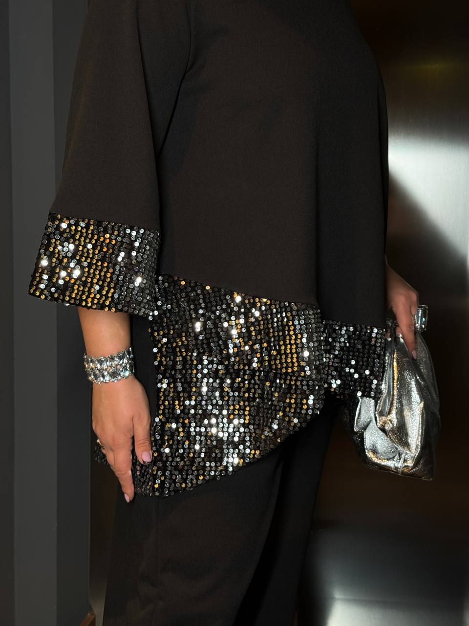 Evening Cocktail Loose Fit Crepe-Diving Sequin Trim Plus Size