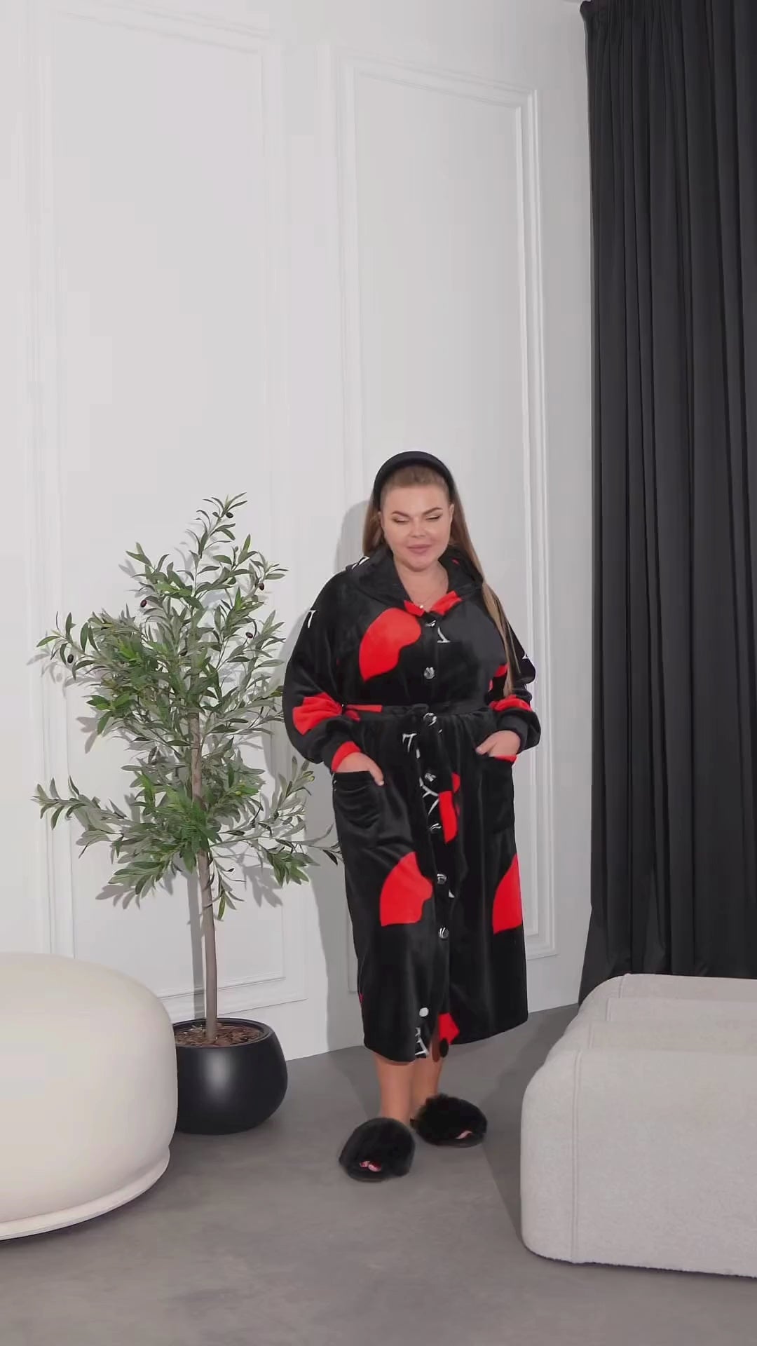 Casual Hooded Bathrobe Straight Cut Terry Buttoned with Pockets Plus Size