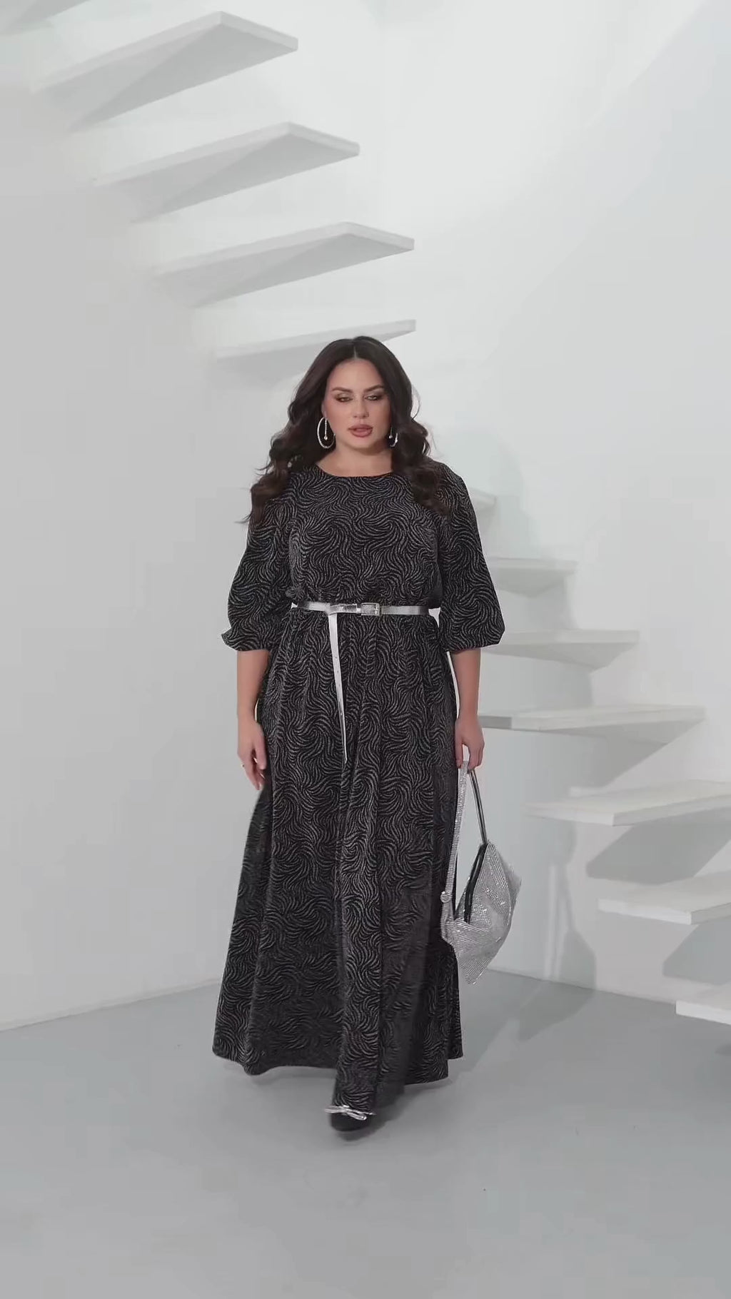 Evening Maxi Dress Belted Glitter Crepe Pleated Hem Plus Size