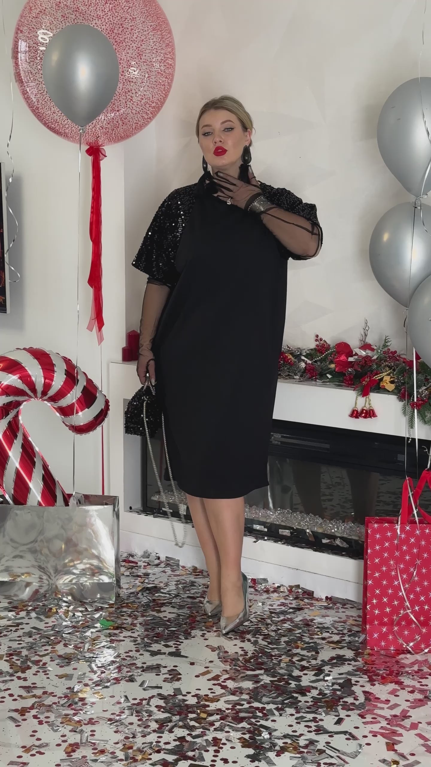 Evening Cocktail Straight Cut Crepe-Diving Sequin Sleeve Plus Size